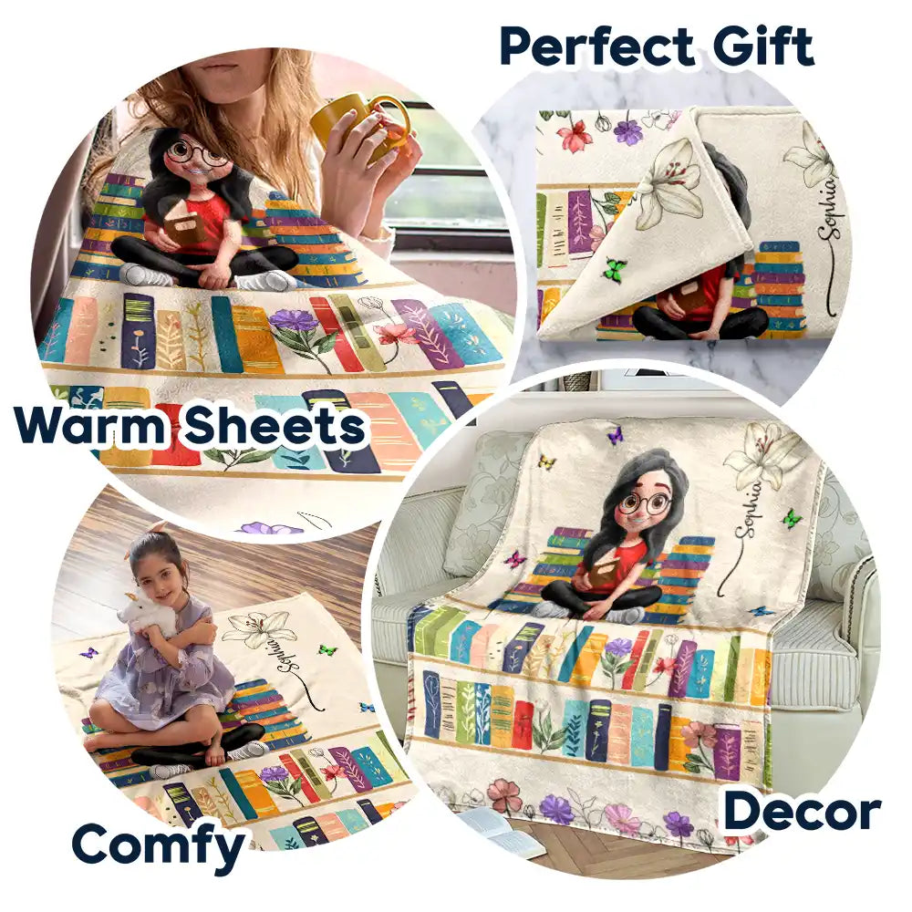 Reading,Gift For Yourself,Happy,Gift For Women - Vintage Bookself Reading Girl With Birth Month Flower - Personalized Fleece Blanket, Sherpa Blanket
