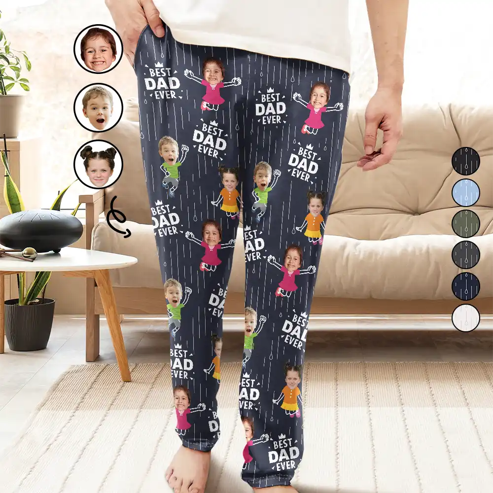 Custom Photo Cute Kids Best Dad Grandpa Ever Rain Pattern - Personalized Pajama Pants