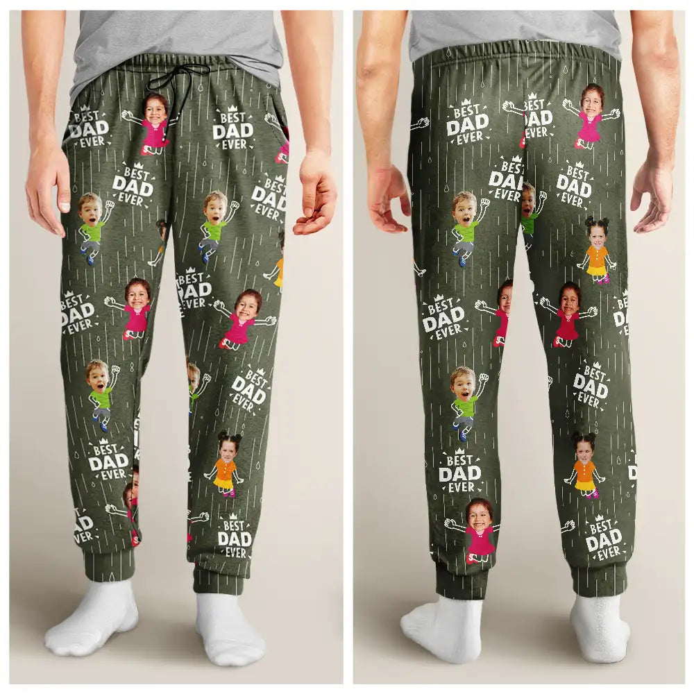Gift For Father, Gift For Grandpa, Happy, Custom Photo - Custom Photo Cute Kids Best Dad Grandpa Ever Rain Pattern - Personalized Pajama Pants