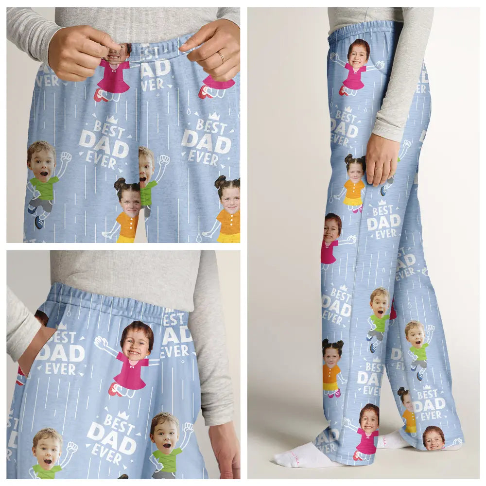Gift For Father, Gift For Grandpa, Happy, Custom Photo - Custom Photo Cute Kids Best Dad Grandpa Ever Rain Pattern - Personalized Pajama Pants