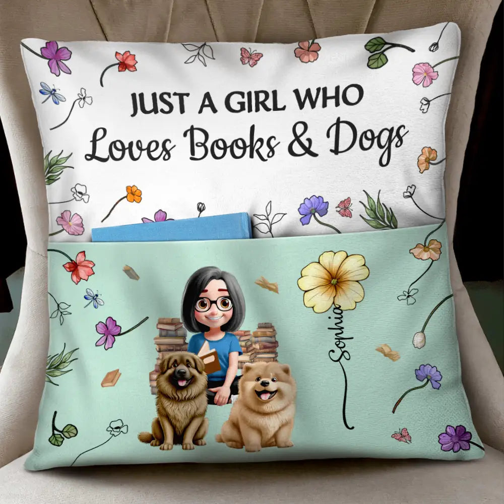 Reading,Gift For Yourself,Gift For Women,Happy,Pet Mom,Pet Lovers - My Reading Pillow Reading Girl With Pets & Birth Month Flower - Personalized Pocket Pillow