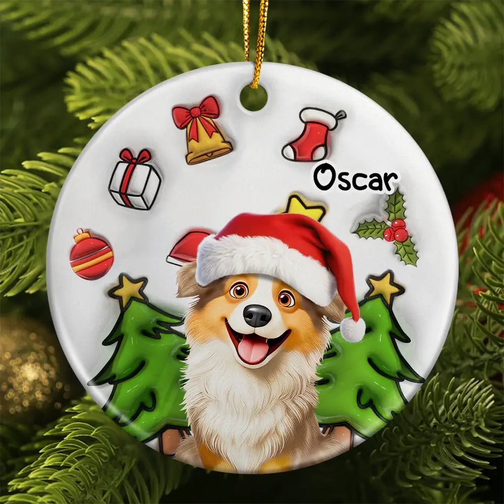 Happy Pawlidays Christmas Dog - 3D Inflated Effect Printed Ornament, Personalized Circle Ceramic Ornament