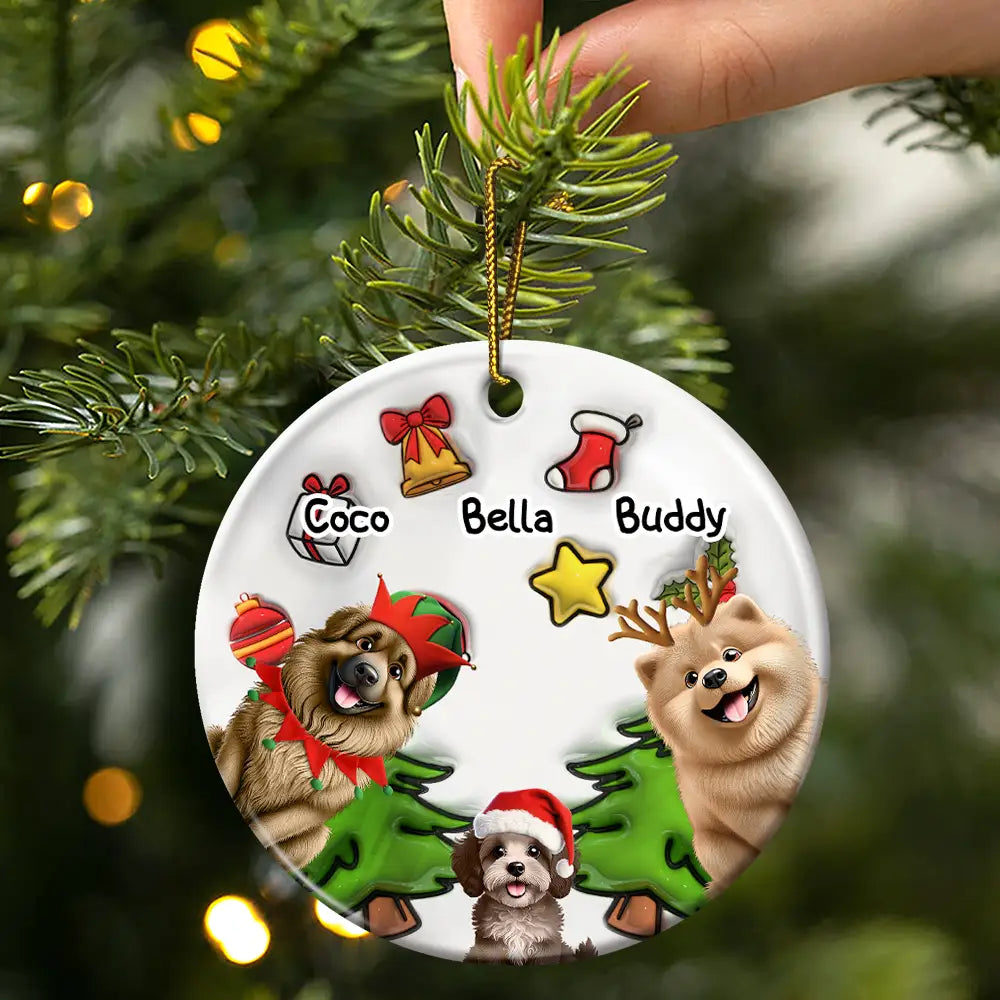 Top Market,Dog Lovers,Dog Mom,Dog Dad,Dog Couple,Christmas,Gift For Women,Gift For Men,Happy - Happy Pawlidays Christmas Dog - 3D Inflated Effect Printed Ornament, Personalized Circle Ceramic Ornament