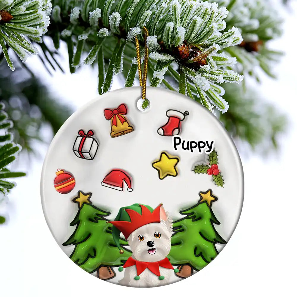 Top Market,Dog Lovers,Dog Mom,Dog Dad,Dog Couple,Christmas,Gift For Women,Gift For Men,Happy - Happy Pawlidays Christmas Dog - 3D Inflated Effect Printed Ornament, Personalized Circle Ceramic Ornament