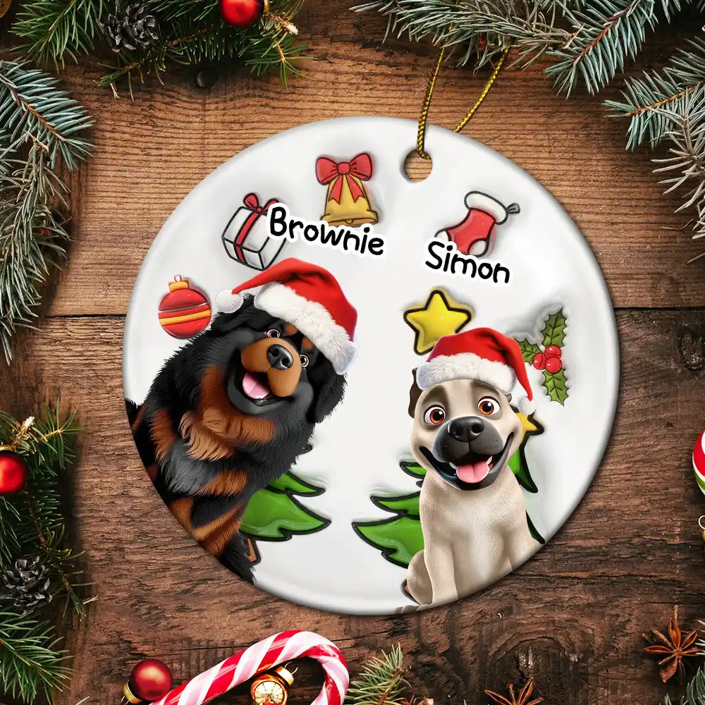 Top Market,Dog Lovers,Dog Mom,Dog Dad,Dog Couple,Christmas,Gift For Women,Gift For Men,Happy - Happy Pawlidays Christmas Dog - 3D Inflated Effect Printed Ornament, Personalized Circle Ceramic Ornament