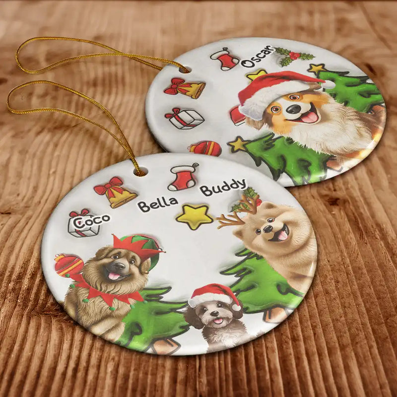 Top Market,Dog Lovers,Dog Mom,Dog Dad,Dog Couple,Christmas,Gift For Women,Gift For Men,Happy - Happy Pawlidays Christmas Dog - 3D Inflated Effect Printed Ornament, Personalized Circle Ceramic Ornament