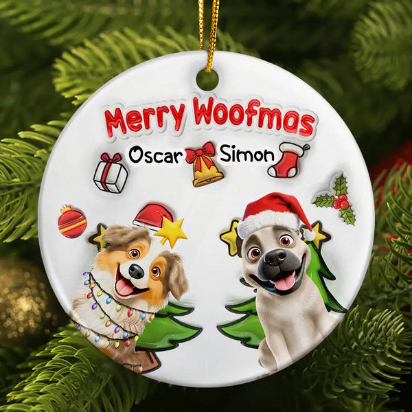Dog Lovers,Dog Mom,Dog Dad,Dog Couple,Christmas,Gift For Women,Gift For Men,Happy - Merry Woofmas Christmas Dog - 3D Inflated Effect Printed Ornament, Personalized Circle Ceramic Ornament