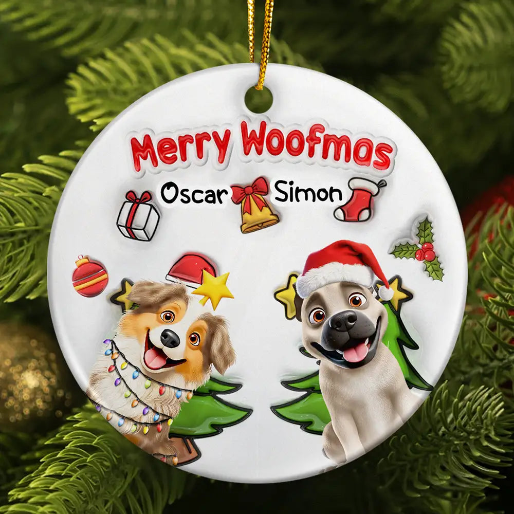 Dog Lovers,Dog Mom,Dog Dad,Dog Couple,Christmas,Gift For Women,Gift For Men,Happy - Merry Woofmas Christmas Dog - 3D Inflated Effect Printed Ornament, Personalized Circle Ceramic Ornament