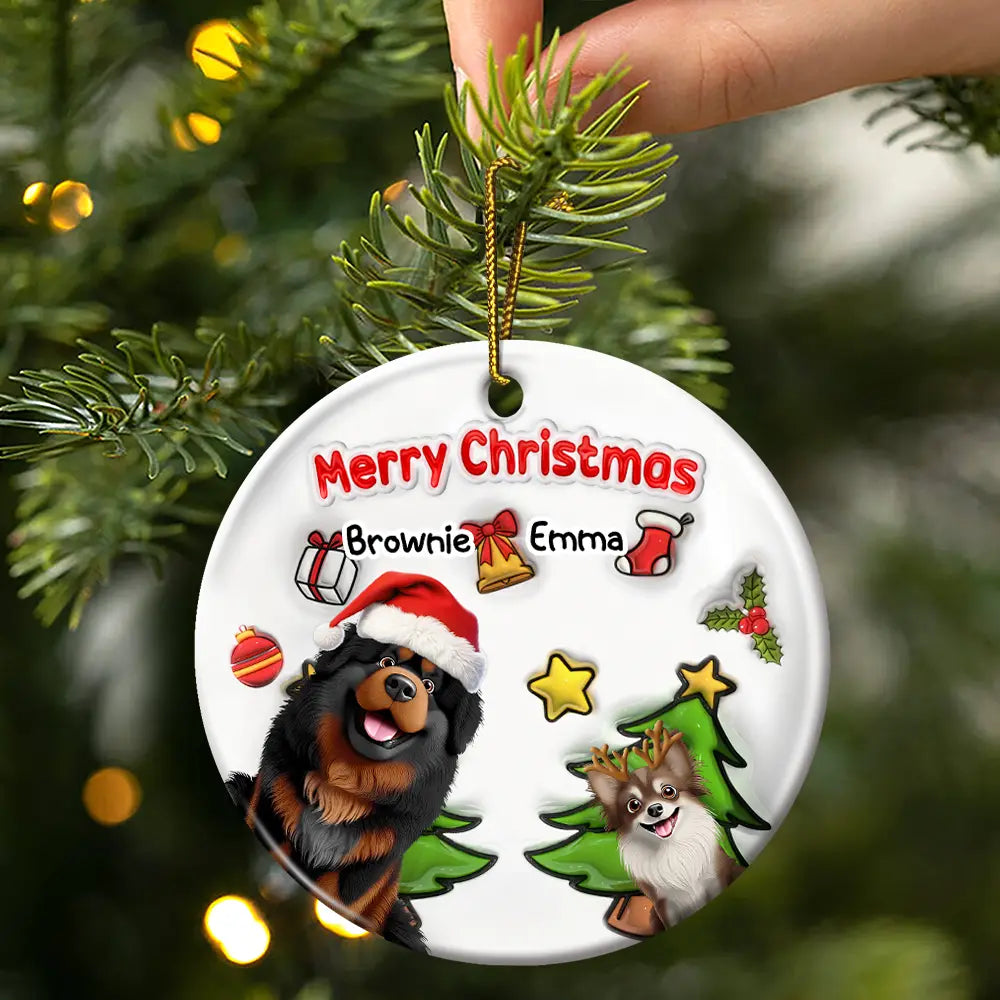 Dog Lovers,Dog Mom,Dog Dad,Dog Couple,Christmas,Gift For Women,Gift For Men,Happy - Merry Woofmas Christmas Dog - 3D Inflated Effect Printed Ornament, Personalized Circle Ceramic Ornament