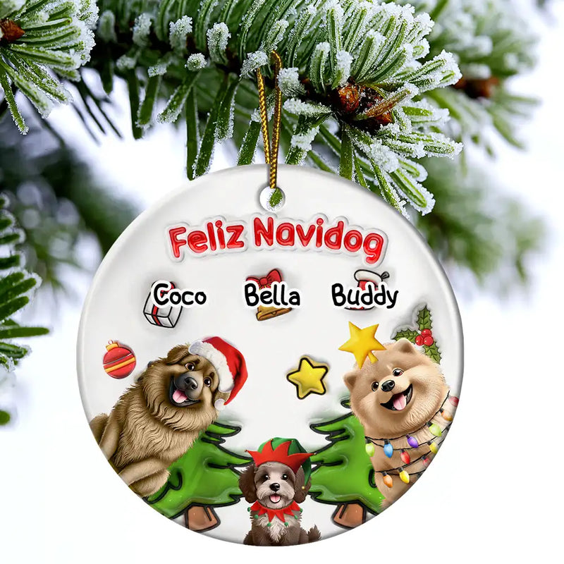 Dog Lovers,Dog Mom,Dog Dad,Dog Couple,Christmas,Gift For Women,Gift For Men,Happy - Merry Woofmas Christmas Dog - 3D Inflated Effect Printed Ornament, Personalized Circle Ceramic Ornament