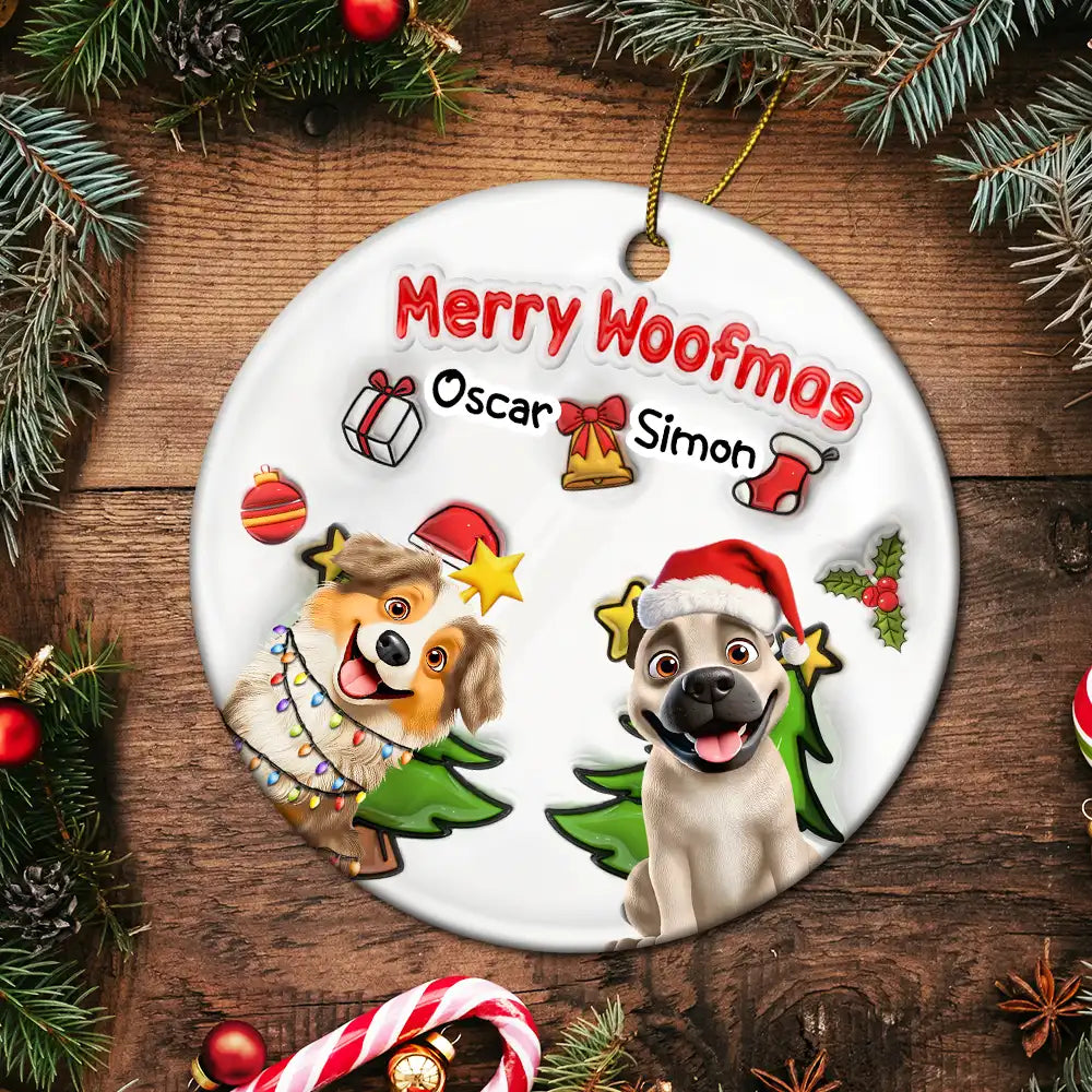 Dog Lovers,Dog Mom,Dog Dad,Dog Couple,Christmas,Gift For Women,Gift For Men,Happy - Merry Woofmas Christmas Dog - 3D Inflated Effect Printed Ornament, Personalized Circle Ceramic Ornament