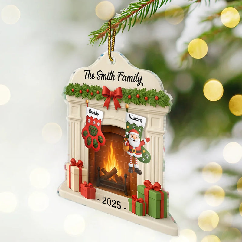 Family,Pet Lovers,Pet Mom,Pet Dad,Pet Couple,Dog Lovers,Dog Couple,Dog Mom,Dog Dad,Cat Lovers,Cat Mom,Cat Dad,Cat Couple,Happy,Christmas,Gift For Women,Gift For Men,Top Market - Christmas Fireplace And Stockings Family - Personalized Custom Shaped Acrylic Ornament