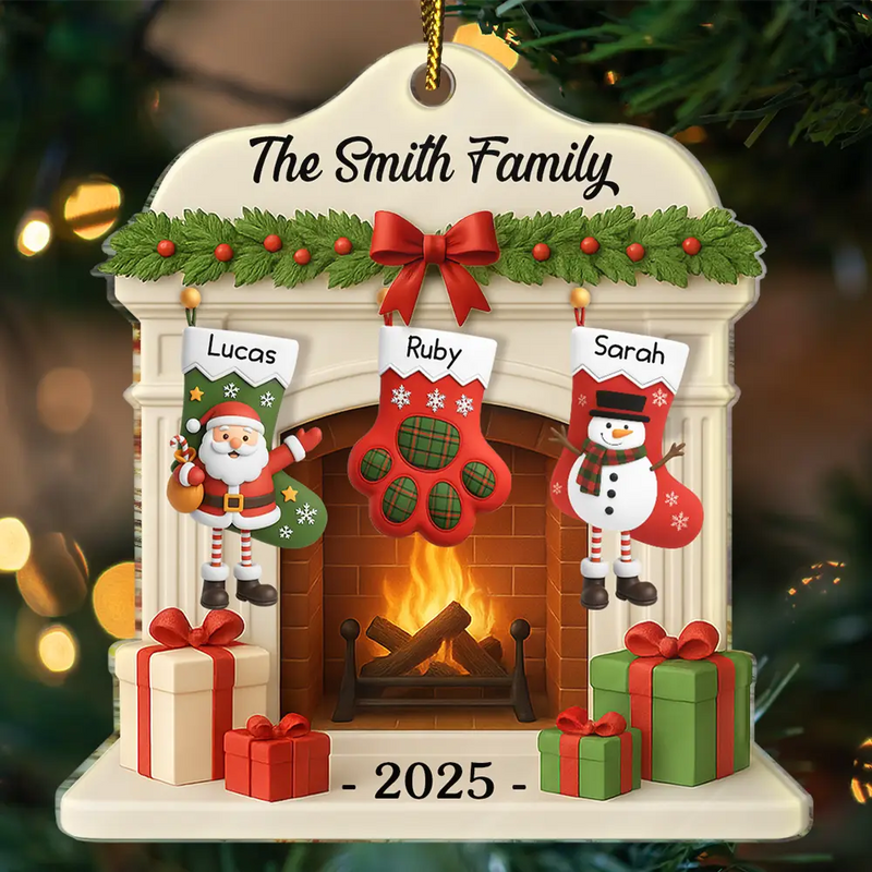 Family,Pet Lovers,Pet Mom,Pet Dad,Pet Couple,Dog Lovers,Dog Couple,Dog Mom,Dog Dad,Cat Lovers,Cat Mom,Cat Dad,Cat Couple,Happy,Christmas,Gift For Women,Gift For Men,Top Market - Christmas Fireplace And Stockings Family - Personalized Custom Shaped Acrylic Ornament