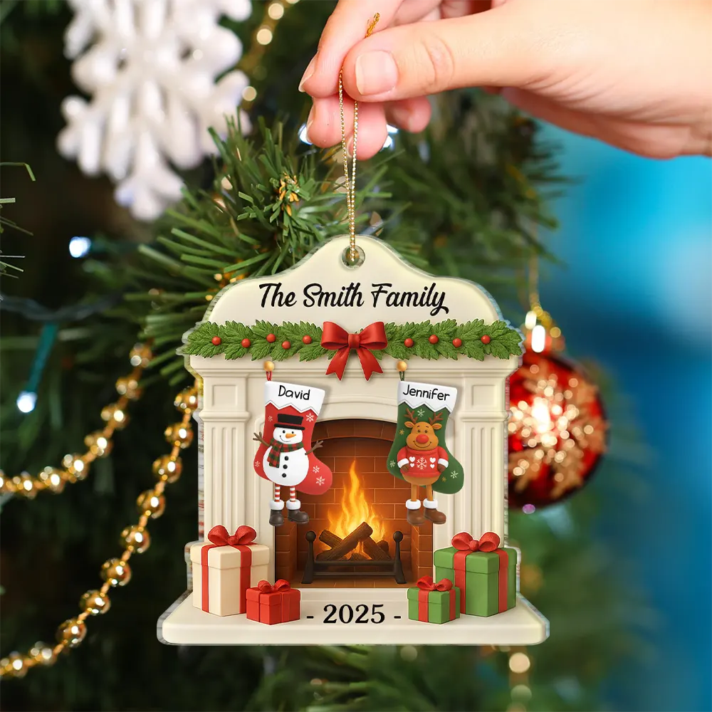 Family,Pet Lovers,Pet Mom,Pet Dad,Pet Couple,Dog Lovers,Dog Couple,Dog Mom,Dog Dad,Cat Lovers,Cat Mom,Cat Dad,Cat Couple,Happy,Christmas,Gift For Women,Gift For Men,Top Market - Christmas Fireplace And Stockings Family - Personalized Custom Shaped Acrylic Ornament