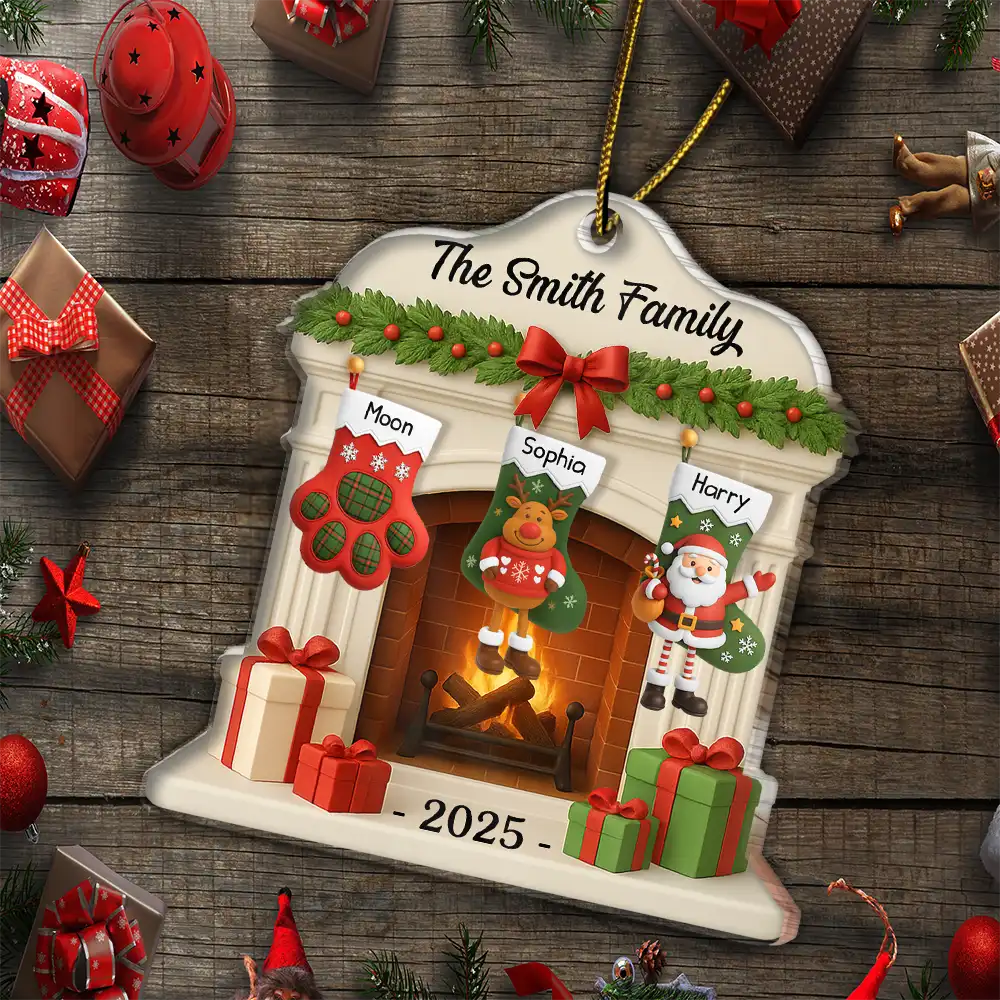 Family,Pet Lovers,Pet Mom,Pet Dad,Pet Couple,Dog Lovers,Dog Couple,Dog Mom,Dog Dad,Cat Lovers,Cat Mom,Cat Dad,Cat Couple,Happy,Christmas,Gift For Women,Gift For Men,Top Market - Christmas Fireplace And Stockings Family - Personalized Custom Shaped Acrylic Ornament