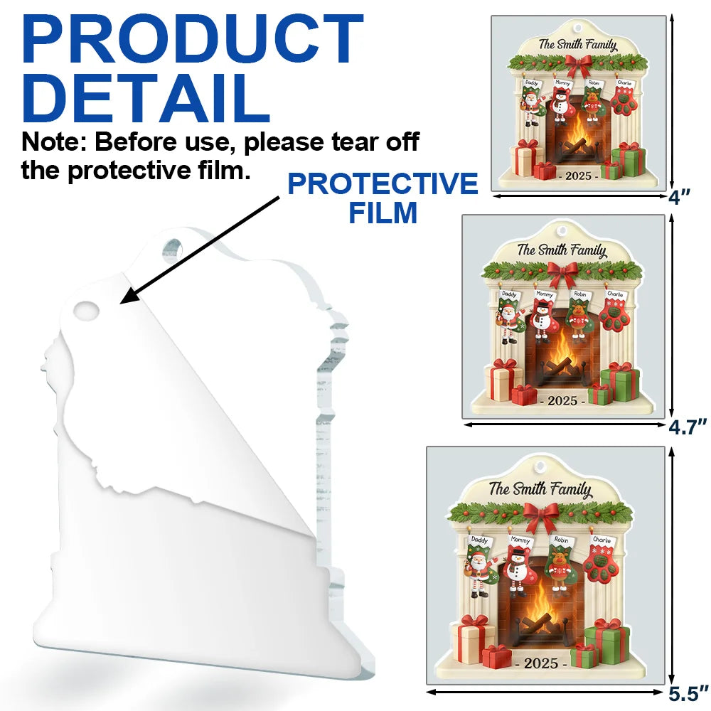 Family,Pet Lovers,Pet Mom,Pet Dad,Pet Couple,Dog Lovers,Dog Couple,Dog Mom,Dog Dad,Cat Lovers,Cat Mom,Cat Dad,Cat Couple,Happy,Christmas,Gift For Women,Gift For Men,Top Market - Christmas Fireplace And Stockings Family - Personalized Custom Shaped Acrylic Ornament