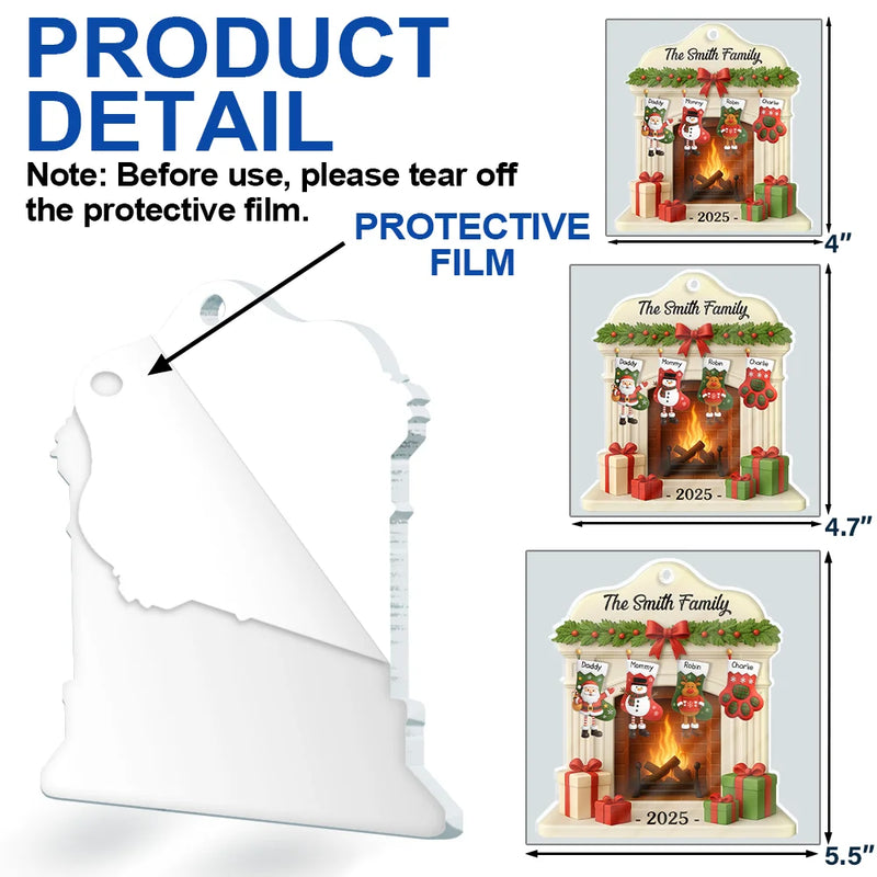 Family,Pet Lovers,Pet Mom,Pet Dad,Pet Couple,Dog Lovers,Dog Couple,Dog Mom,Dog Dad,Cat Lovers,Cat Mom,Cat Dad,Cat Couple,Happy,Christmas,Gift For Women,Gift For Men,Top Market - Christmas Fireplace And Stockings Family - Personalized Custom Shaped Acrylic Ornament