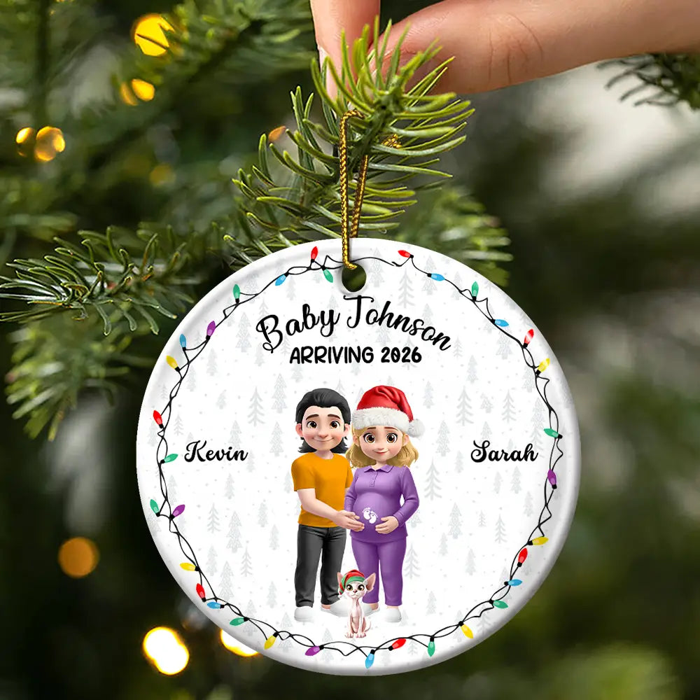 Christmas, Gift For Couples, New Dad, New baby, New Mom - Baby Arriving Expecting Parents 3D Effect, Pet Parents To Human Parents - Personalized Circle Ceramic Ornament