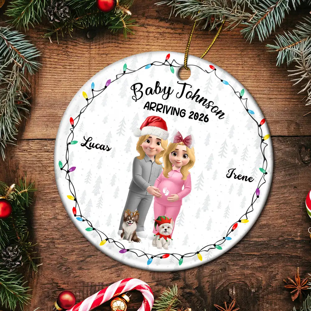 Christmas, Gift For Couples, New Dad, New baby, New Mom - Baby Arriving Expecting Parents 3D Effect, Pet Parents To Human Parents - Personalized Circle Ceramic Ornament
