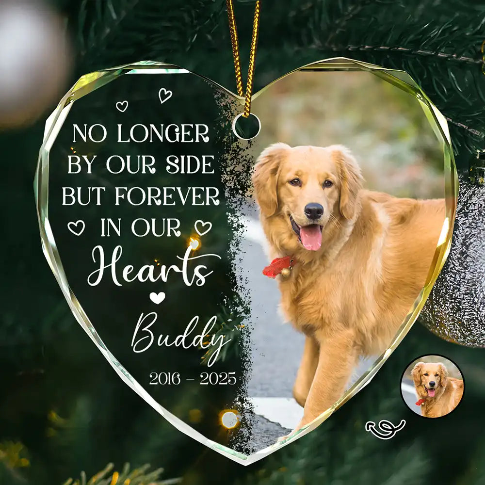 Custom Photo No Longer By My Side Pet Loss - Personalized Heart Shaped Glass Ornament