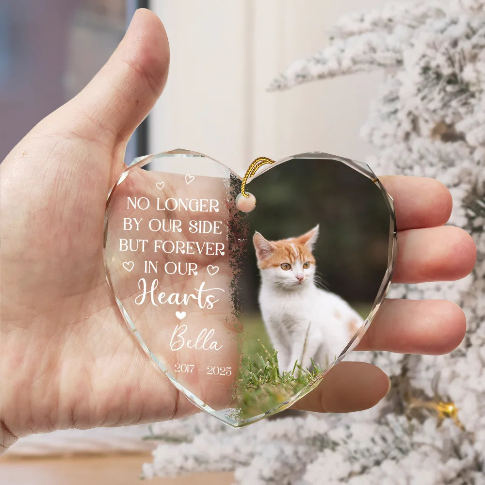 Custom Photo,Pet Lovers,Memorial,Sad - Custom Photo No Longer By My Side Pet Loss - Personalized Heart Shaped Glass Ornament