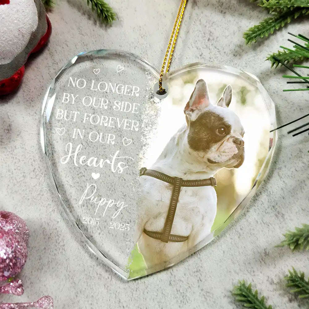 Custom Photo,Pet Lovers,Memorial,Sad - Custom Photo No Longer By My Side Pet Loss - Personalized Heart Shaped Glass Ornament
