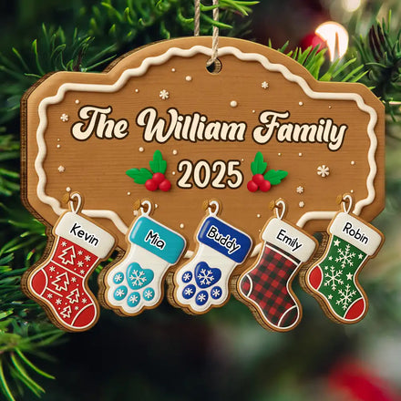 Christmas Family Stockings Ceramic Effect - Personalized Custom Shaped Wooden Ornament