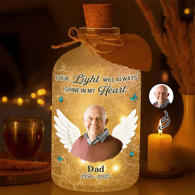 Christmas,Custom Photo,Memorial,Family,Pet Lovers,Sad - Custom Photo Your Light Will Always Shine In My Heart Crackle Glass Effect - Personalized Short Bottle Light