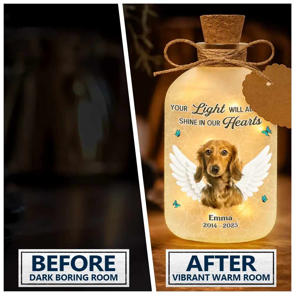 Christmas,Custom Photo,Memorial,Family,Pet Lovers,Sad - Custom Photo Your Light Will Always Shine In My Heart Crackle Glass Effect - Personalized Short Bottle Light