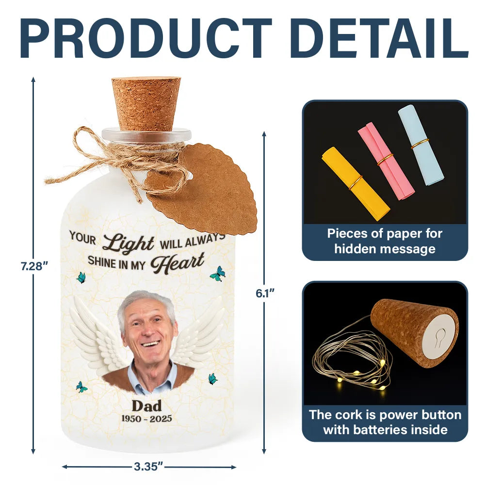 Christmas,Custom Photo,Memorial,Family,Pet Lovers,Sad - Custom Photo Your Light Will Always Shine In My Heart Crackle Glass Effect - Personalized Short Bottle Light