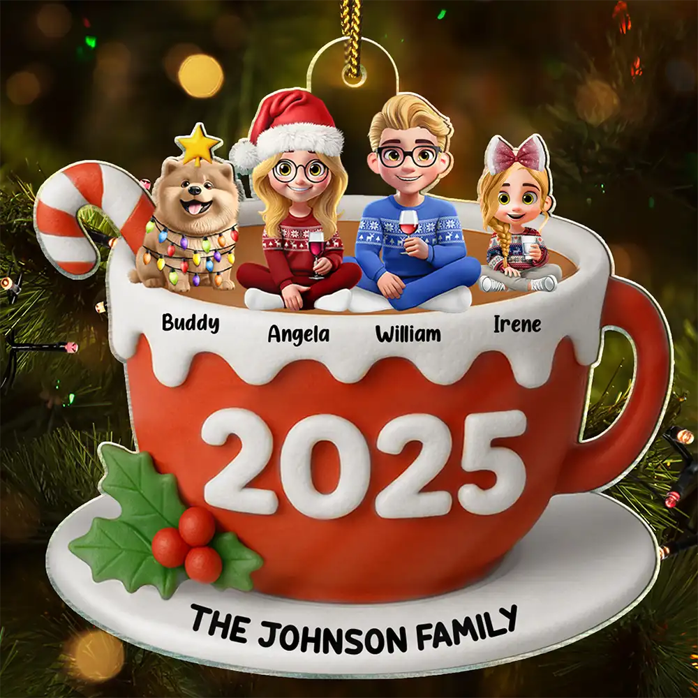 Christmas,Family,Happy - Family Sitting 3D Effect Marshmallow - Personalized Custom Shaped Acrylic Ornament