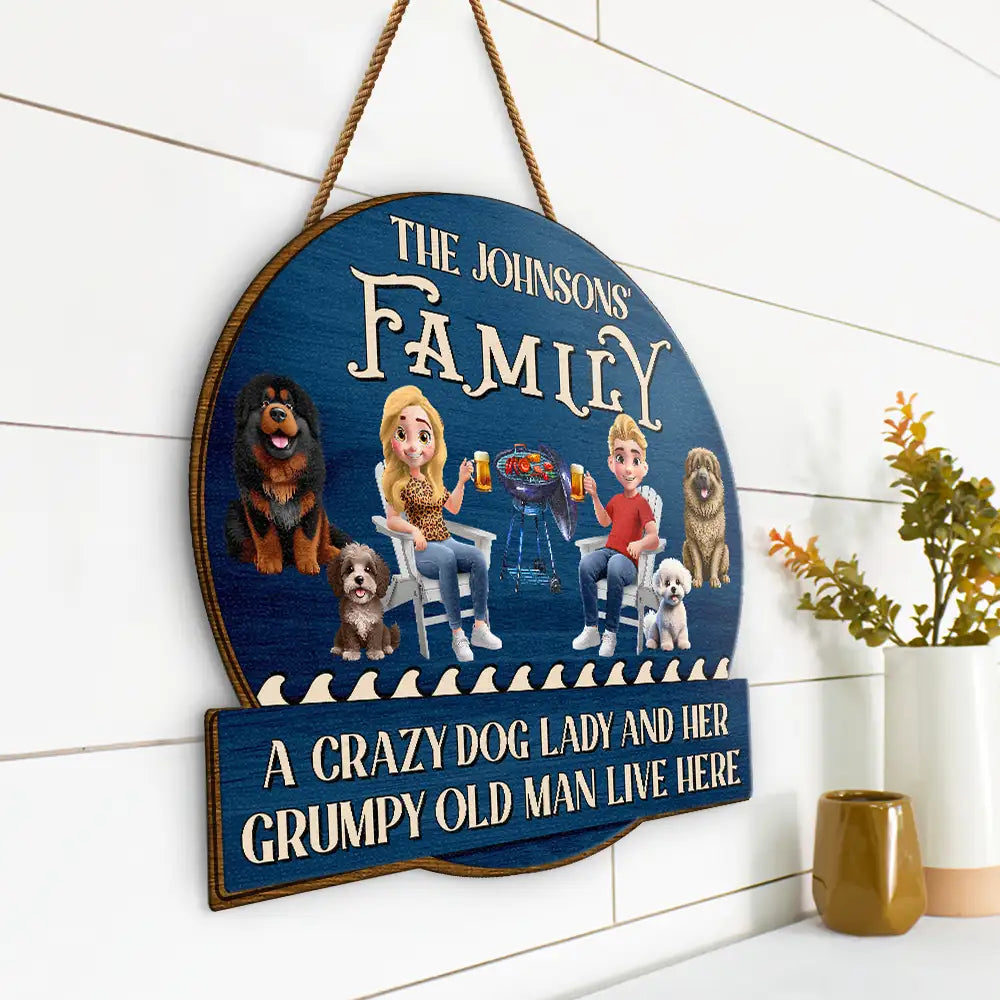Gift For Couples,Dog Lovers,Dog Couple,Happy - A Crazy Dog Lady & Her Grumpy Old Man Dog Couple - Personalized Custom Shaped Wood Sign