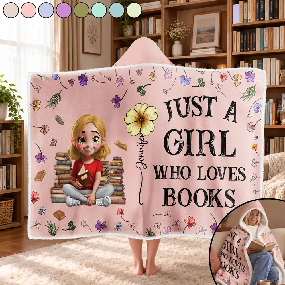 My Reading Blanket Reading Girl With Birth Month Flower - Personalized Wearable Hooded Blanket