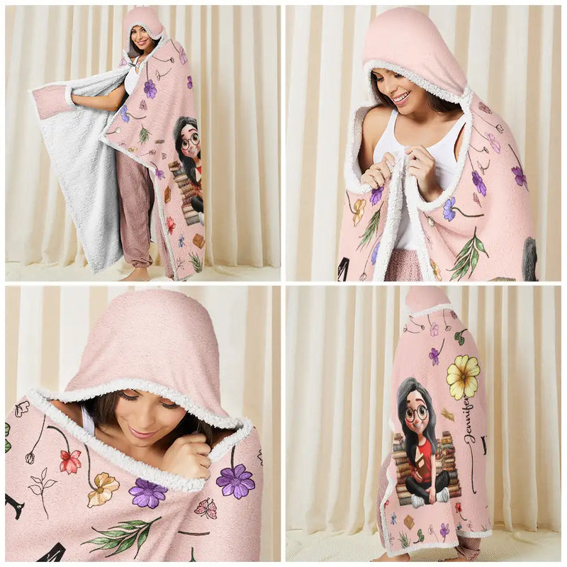 Reading, Gift For Yourself, Gift For Women, Happy - My Reading Blanket Reading Girl With Birth Month Flower - Personalized Wearable Hooded Blanket