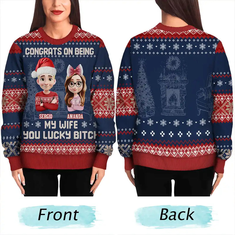 Gift For Couples,Old Couples,Gift For Husband,Gift For Wife,Gift For Women,Gift For Men,Funny,Christmas,Top Market - Christmas Couple Congrats On Being My Husband You Lucky Man - Personalized Unisex Ugly Sweater