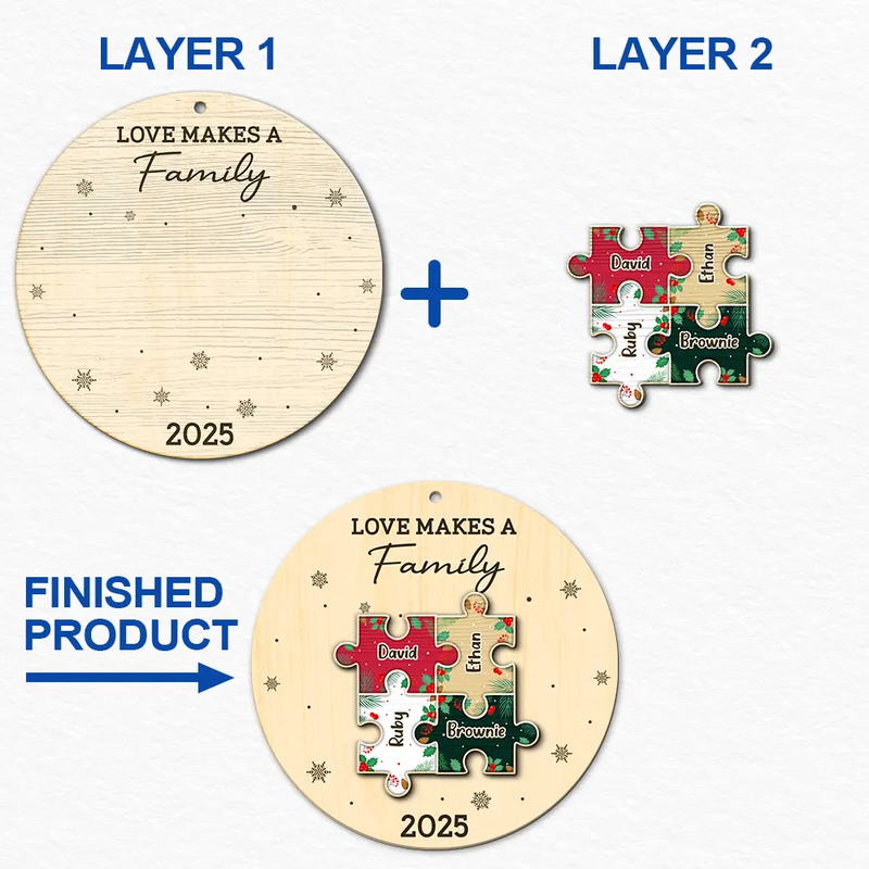 Family,Pet Lovers,Pet Mom,Pet Dad,Pet Couple,Dog Lovers,Dog Couple,Dog Mom,Dog Dad,Cat Lovers,Cat Mom,Cat Dad,Cat Couple,Happy,Single Mom,Single Dad,Gift For Grandpa,Gift For Grandma,Gift For Grandkids,Christmas,Top Market - The Pieces That Make Our Family Puzzle - Personalized 2-Layered Wooden Ornament