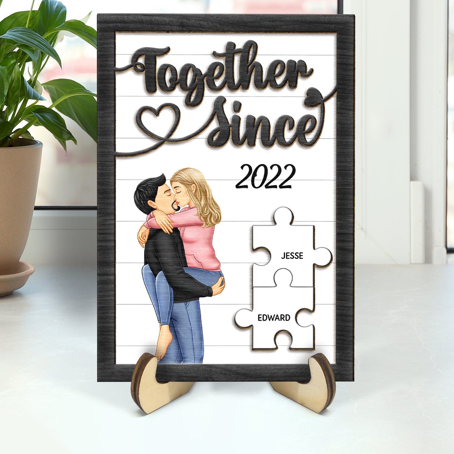 Together Since Kissing Couple - Gift For Couples, Husband, Wife - Personalized 2-Layered Wooden Plaque With Stand