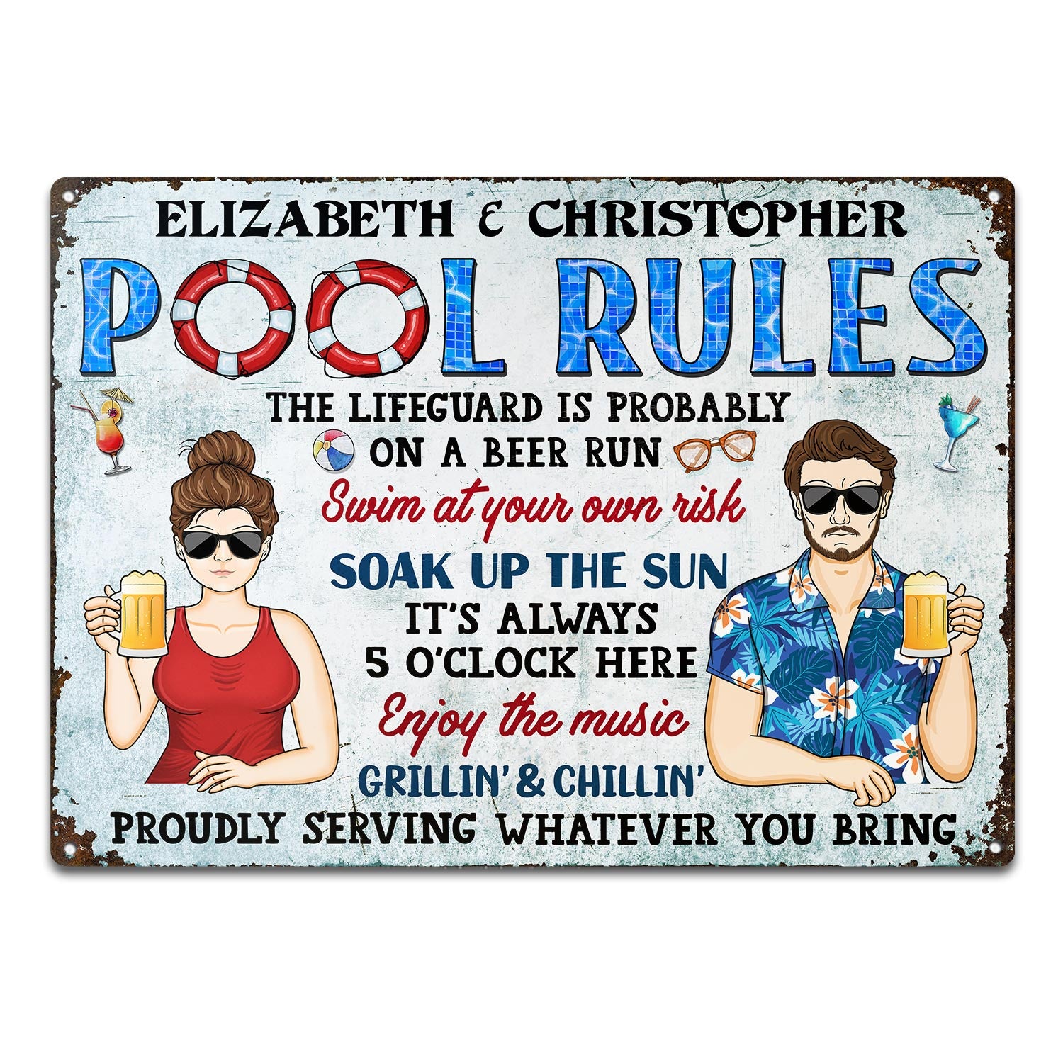 Pool Rules Soak Up The Sun Grilling - Home Decor, Backyard Decor, Gift For Her, Him, Family, Couples, Husband, Wife - Personalized Custom Classic Metal Signs