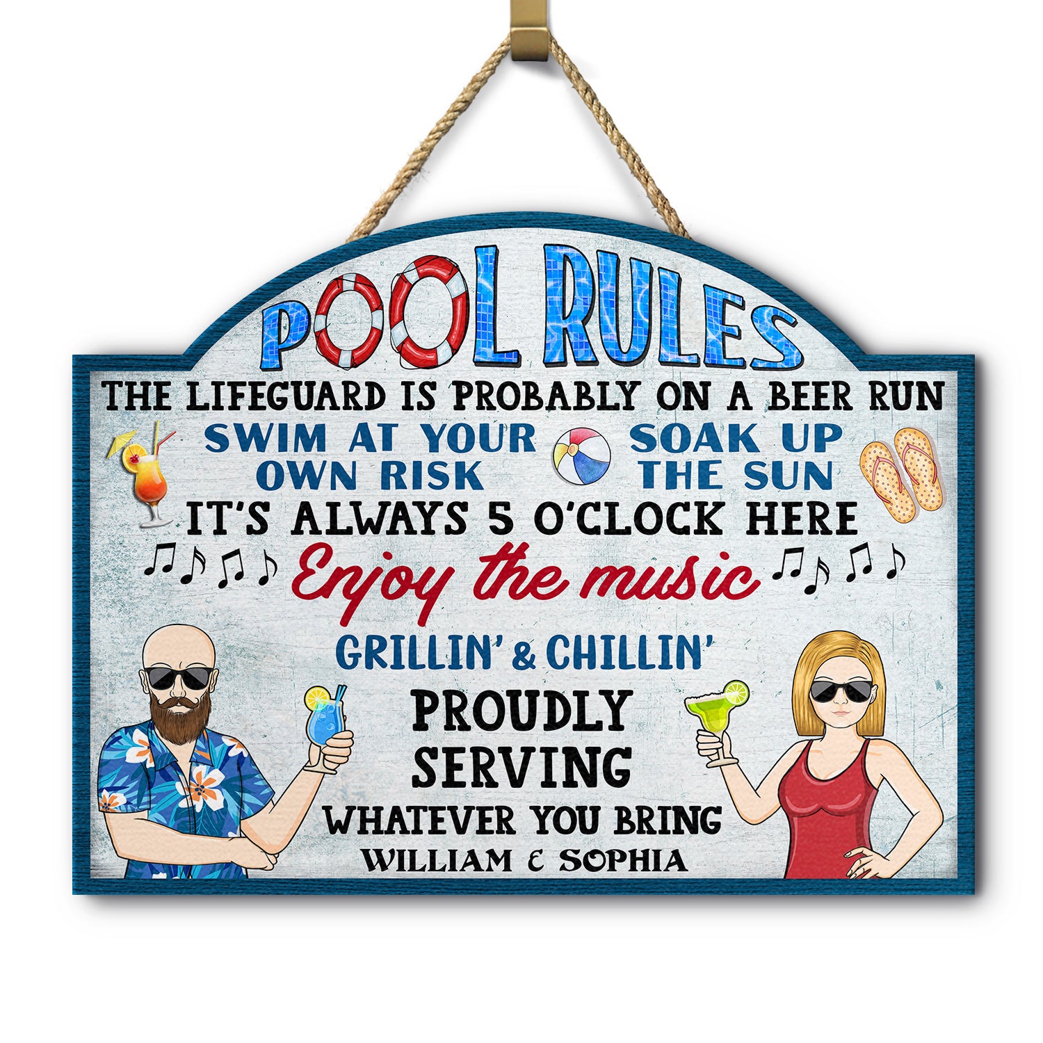 Pool Rules Swim At Your Own Risk Grilling Family - Home Decor, Backyard Decor, Gift For Her, Him, Couples, Husband, Wife - Personalized Custom Shaped Wood Sign