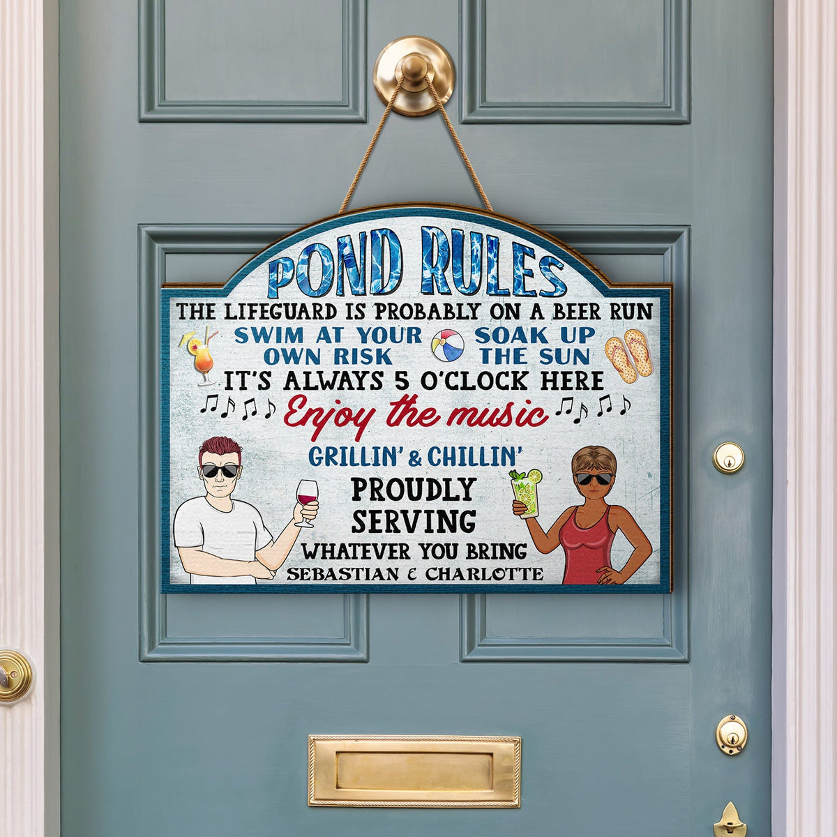 Pool Rules Swim At Your Own Risk Grilling Family - Home Decor, Backyard Decor, Gift For Her, Him, Couples, Husband, Wife - Personalized Custom Shaped Wood Sign