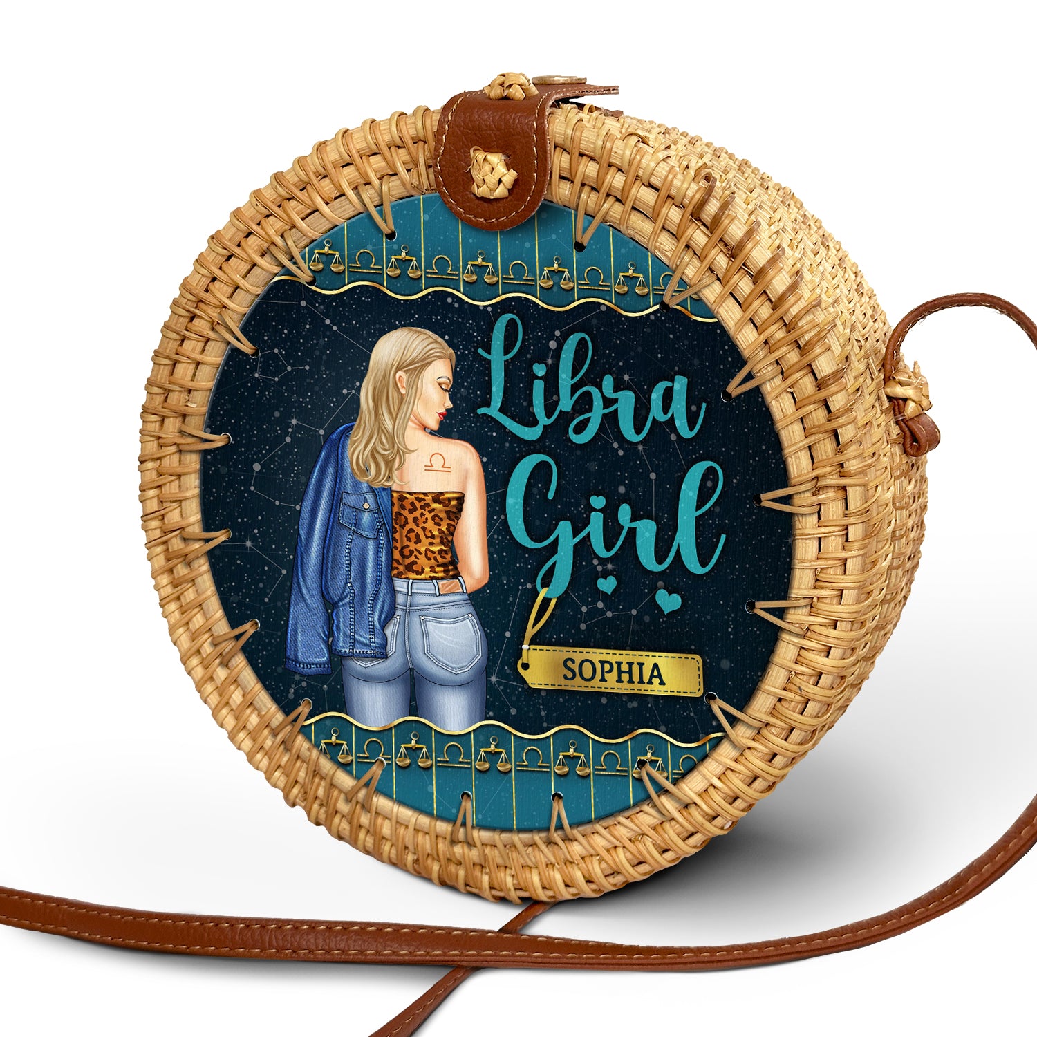Zodiac Girl - Birthday Gift For Her - Personalized Custom Round Rattan Bag