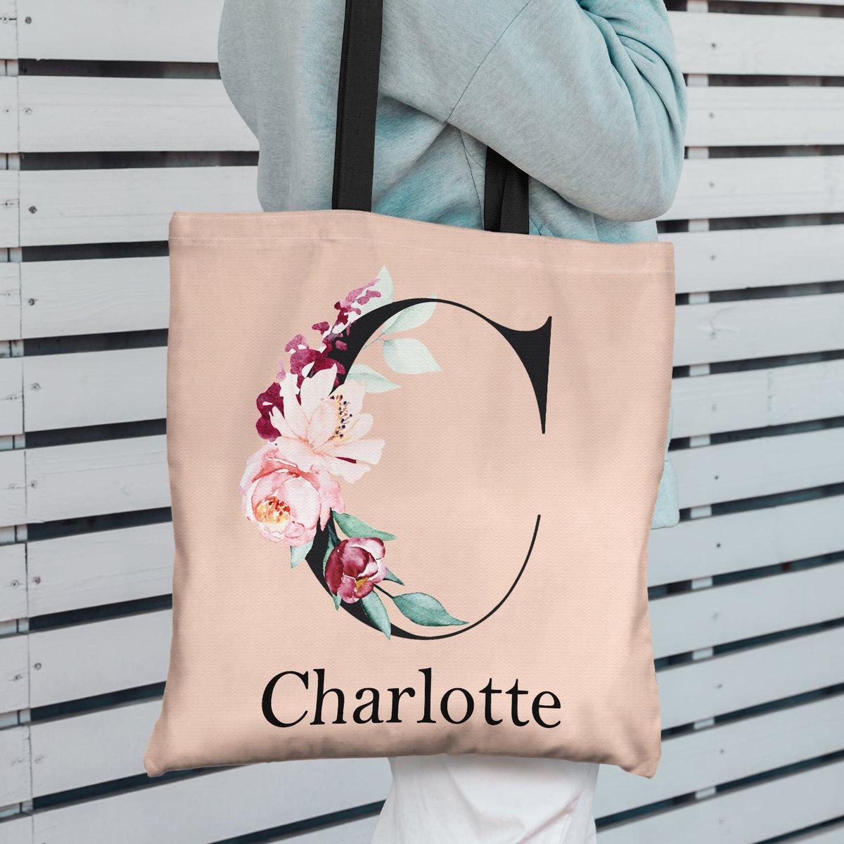 Sac en toile zippé personnalisé avec monogramme floral style 1 - Cadeau pour elle