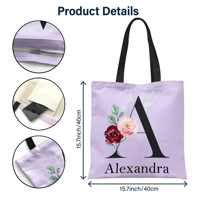 Floral Monogram Style 1 - Gift For Her - Personalized Zippered Canvas Bag