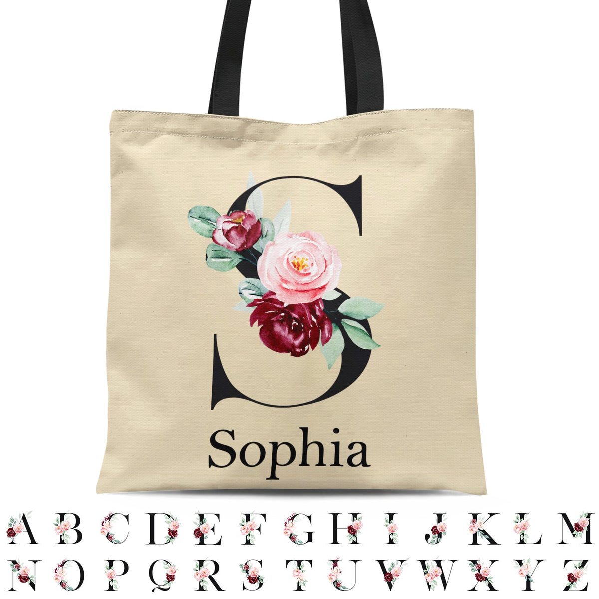 Sac en toile zippé personnalisé avec monogramme floral style 1 - Cadeau pour elle