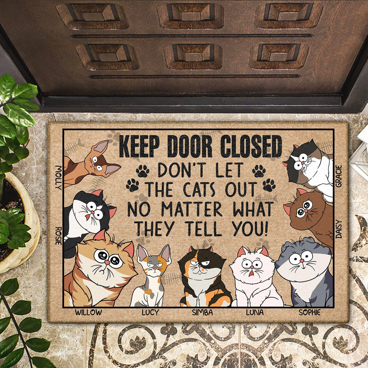 Keep The Door Closed Funny Cartoon Cat - Gift For Cat Lovers - Personalized Doormat