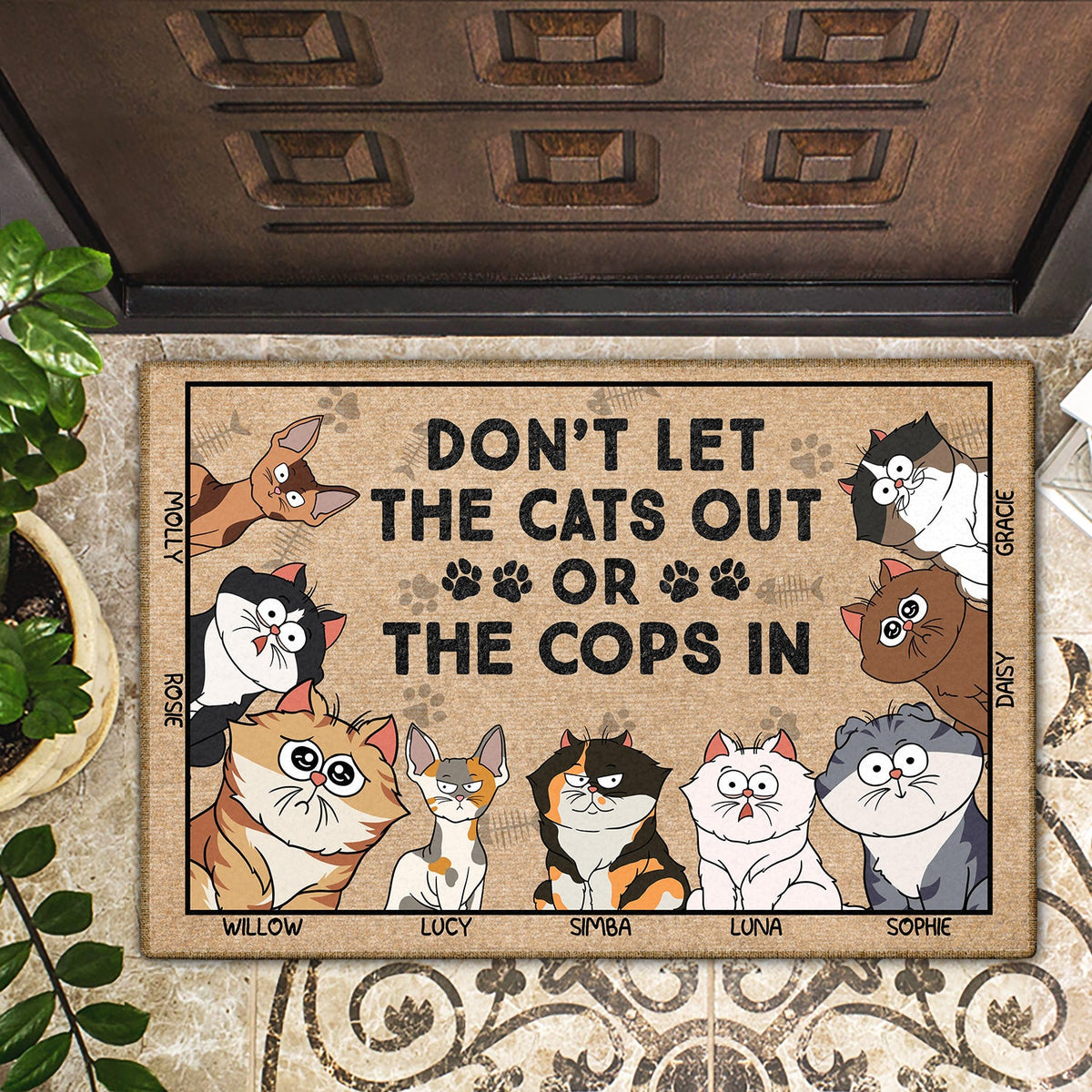 Ne laissez pas sortir les chats ni les policiers. Chat de dessin animé drôle - Cadeau pour les amoureux des chats - Paillasson personnalisé