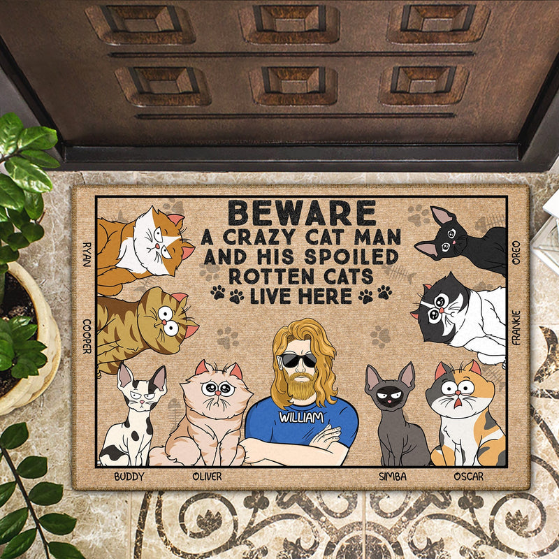 Beware A Crazy Cat Lady & Her Spoiled Rotten Cats Live Here Funny Cartoon Cat - Gift For Cat Lovers - Personalized Doormat