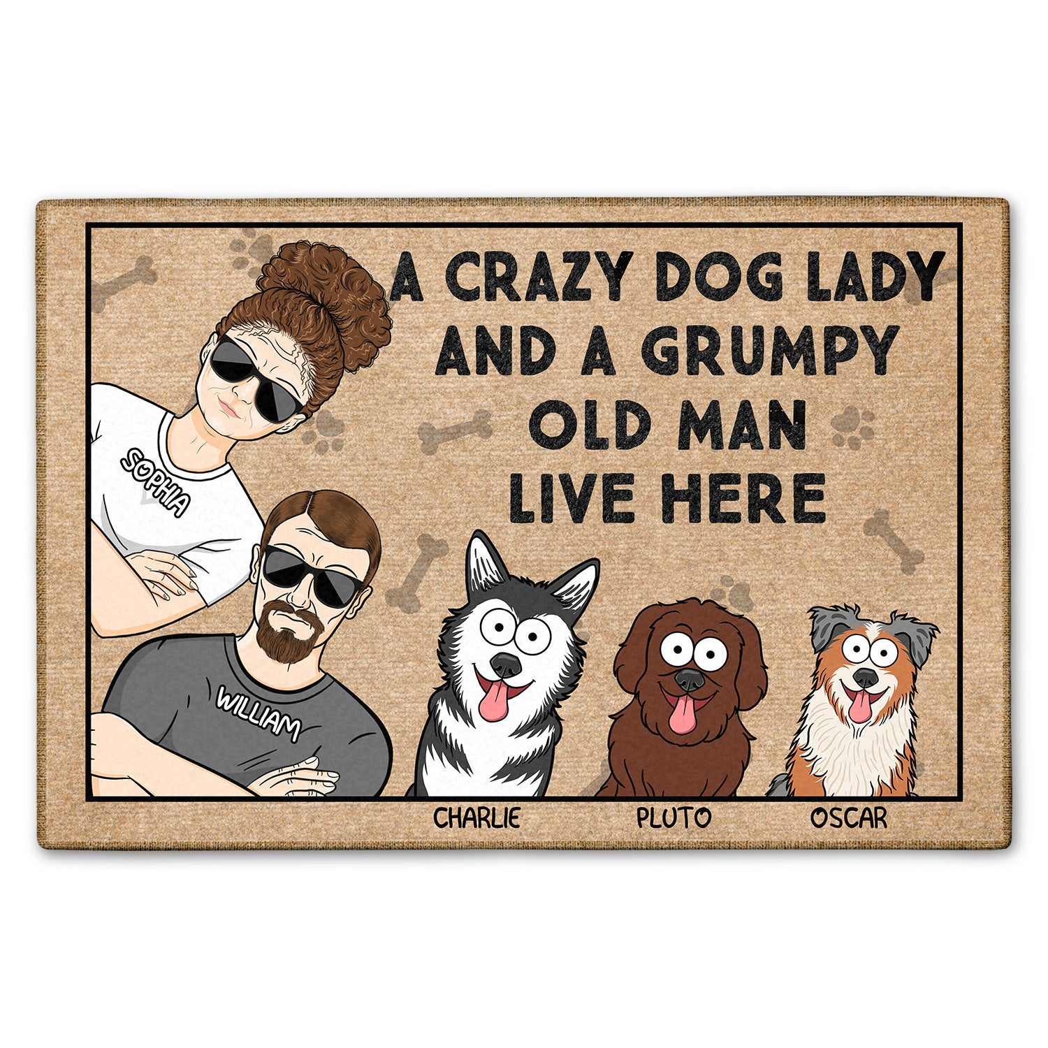 A Crazy Dog Lady And A Grumpy Old Man Live Here Funny Cartoon Dog - Gift For Dog Lovers, Couples - Personalized Doormat