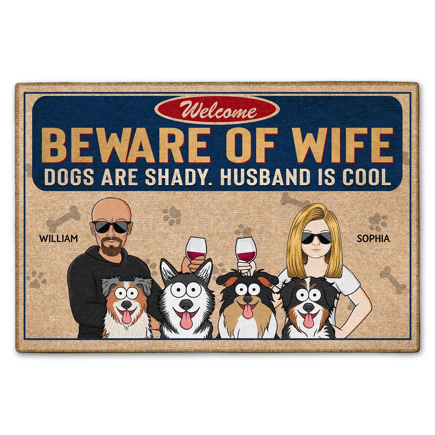 Beware Of Wife Dogs Are Shady Husband Is Cool Funny Cartoon Dog - Gift For Dog Lovers, Couples - Personalized Doormat