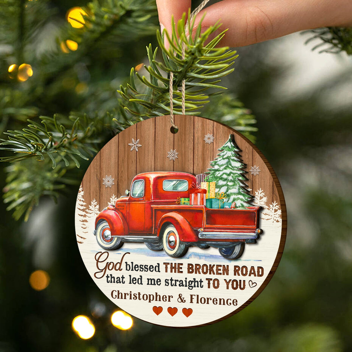 God Blessed The Broken Road - Christmas Gifts For Couples, Husband, Wife - Personalized 2-Layered Wooden Ornament